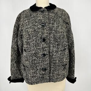 Vtg 50s Frederick & Nelson Wool Tweed Blazer Jacket Large Velvet Trim Gray Black